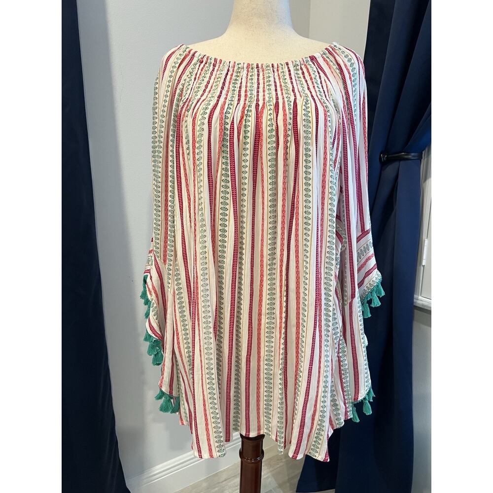 Tunic Blouse XXL Boho Tassel Festival Peasant Artsy Bell Sleeves Gypsy Striped